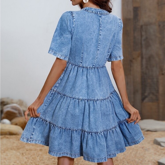 Chambray Denim Button Up Ruffle Puff Sleeve Dress Blue - Picture 7 of 7